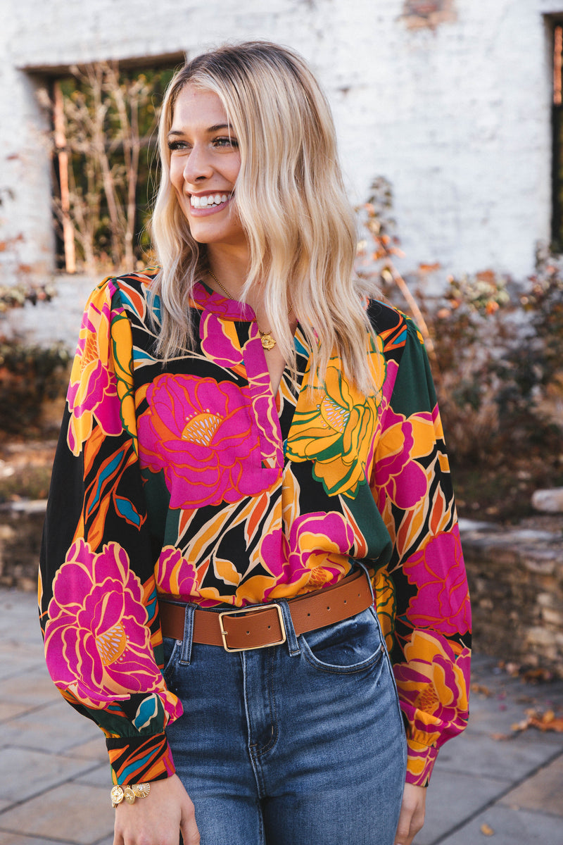 Amayah Long Sleeve Floral Split Neck Blouse, Black/Hunter Green