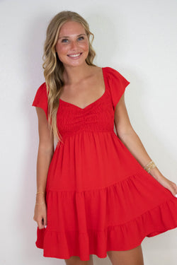 Katie Flutter Sleeve Smocked Mini Dress, Red