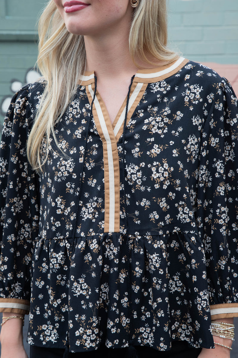 Wren Ditsy Floral Peplum Blouse, Black Multi