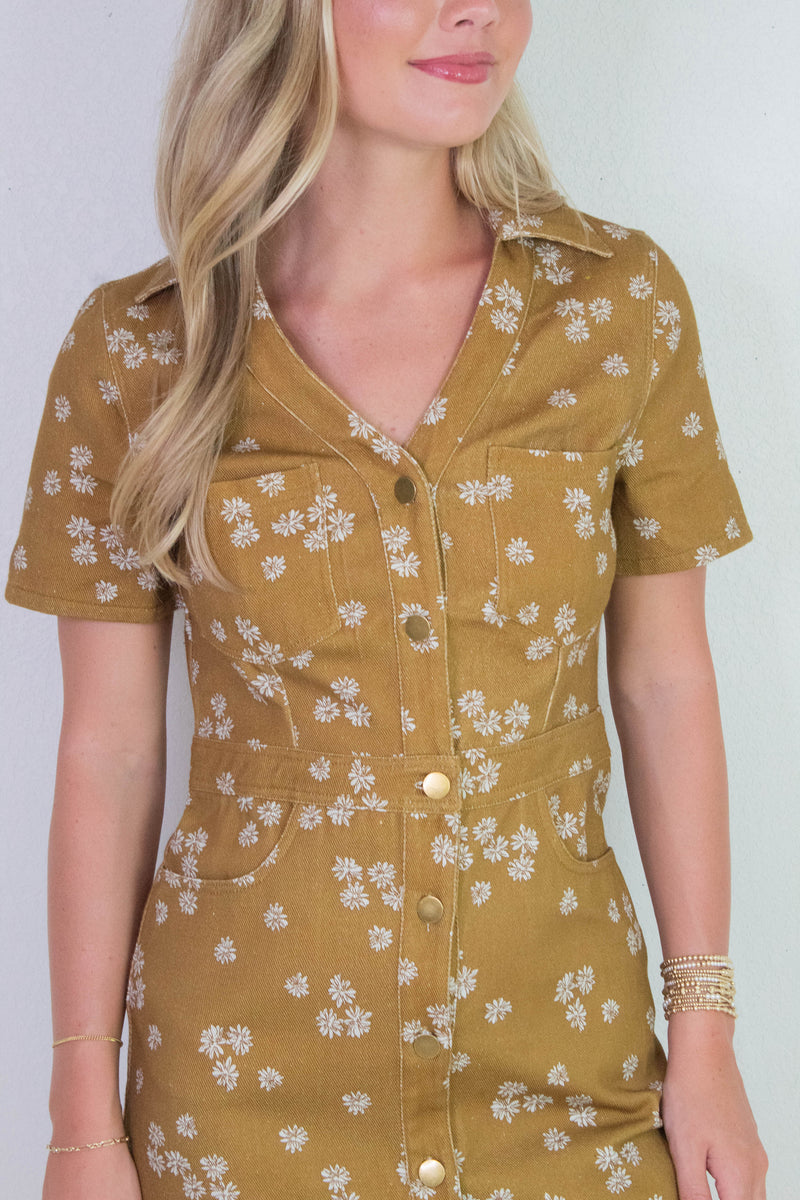 Susannah Collared Shirt Dress, Dark Mustard/Ivory Floral