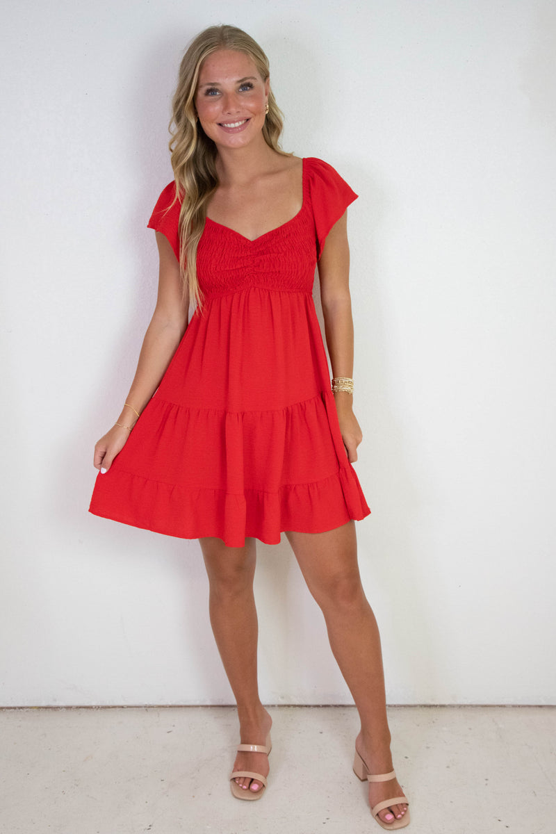 Katie Flutter Sleeve Smocked Mini Dress, Red