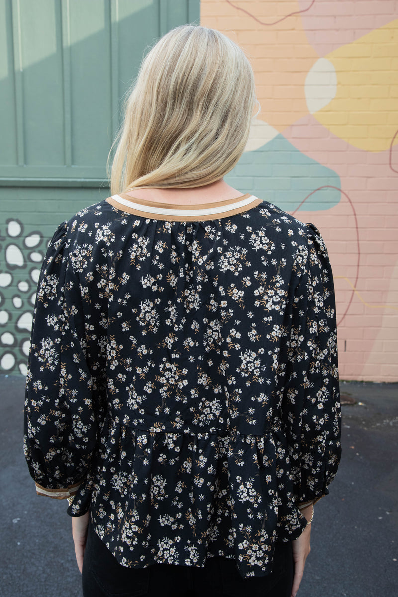 Wren Ditsy Floral Peplum Blouse, Black Multi