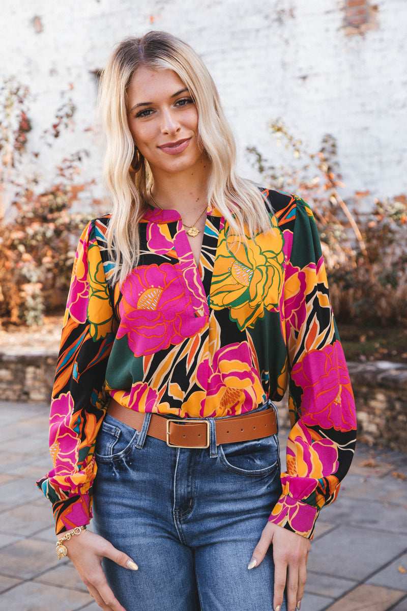 Amayah Long Sleeve Floral Split Neck Blouse, Black/Hunter Green
