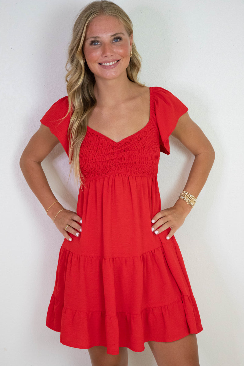 Katie Flutter Sleeve Smocked Mini Dress, Red