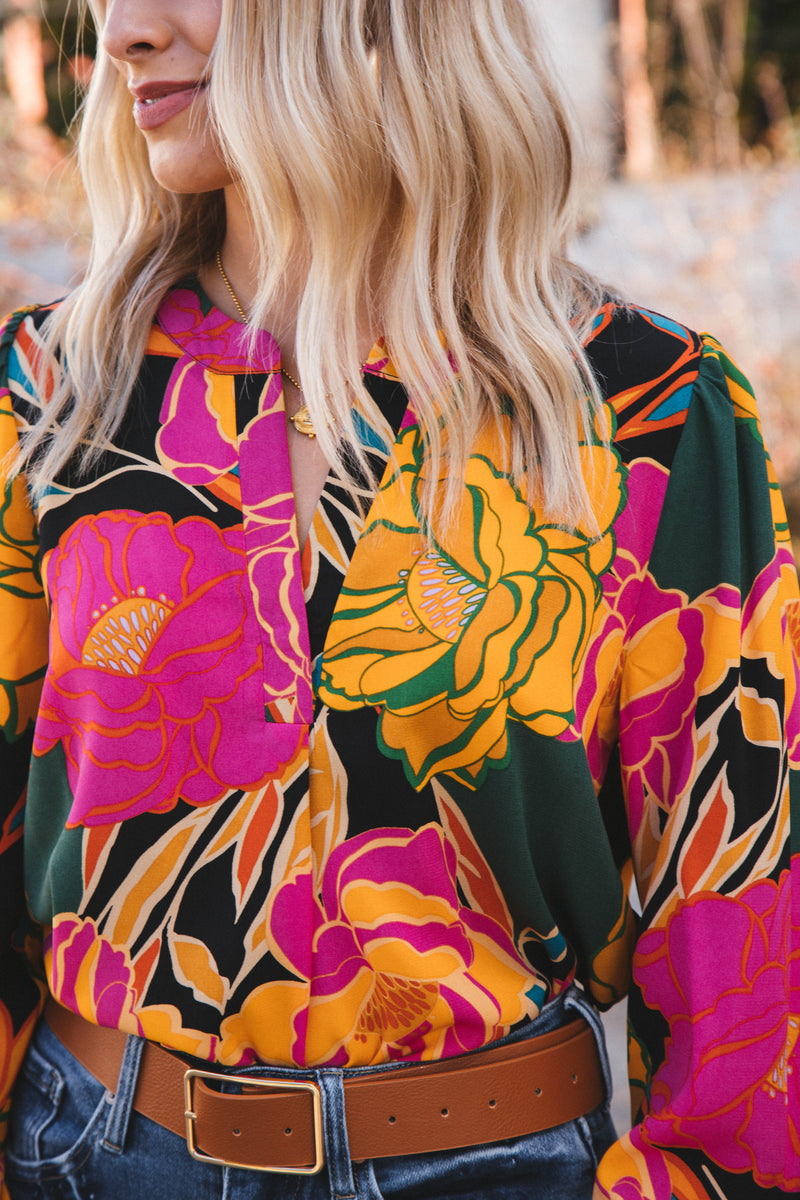 Amayah Long Sleeve Floral Split Neck Blouse, Black/Hunter Green
