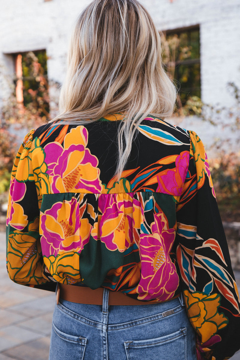 Amayah Long Sleeve Floral Split Neck Blouse, Black/Hunter Green
