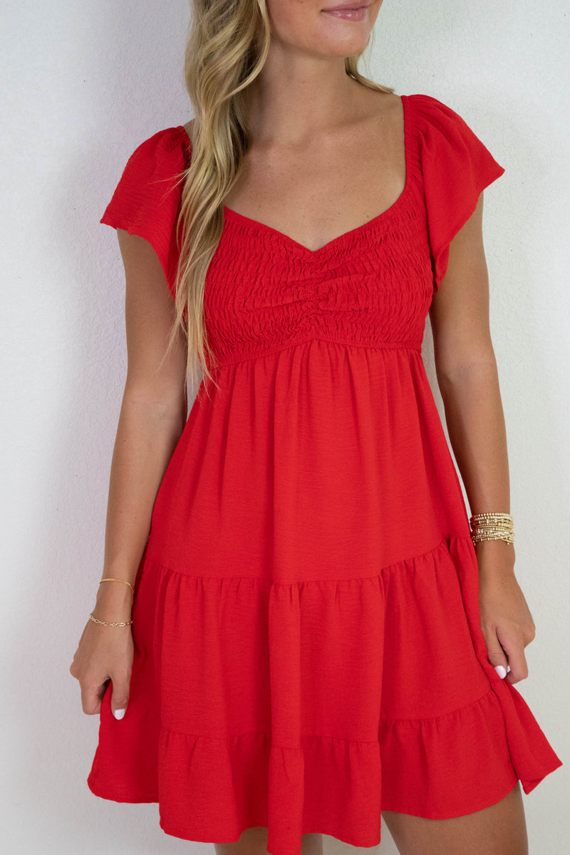 Katie Flutter Sleeve Smocked Mini Dress, Red