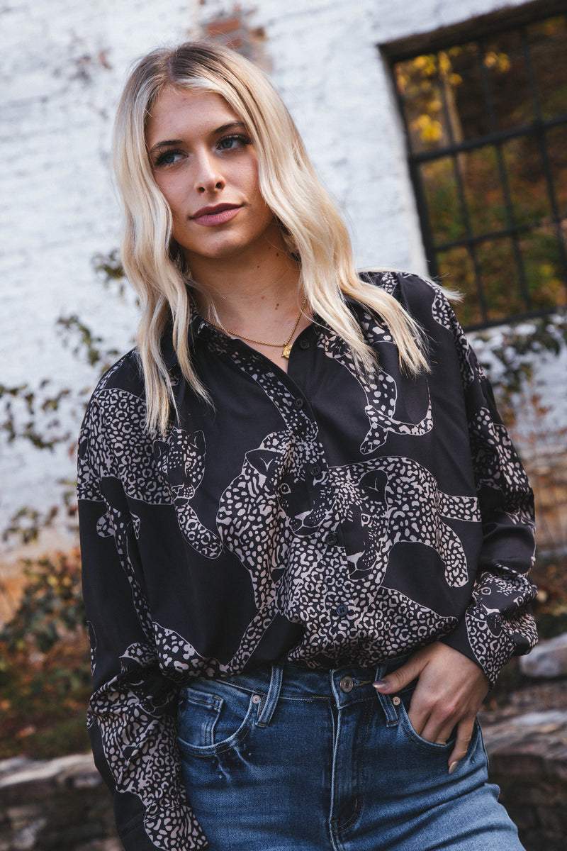 Printed Leopard Button Up Shirt, Black