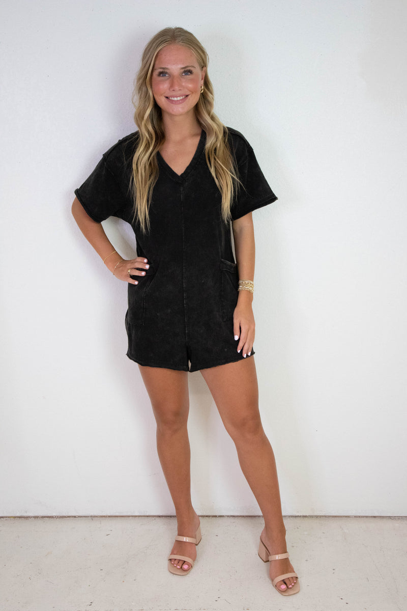 Kinsley Mineral Washed Oversized Romper, Black