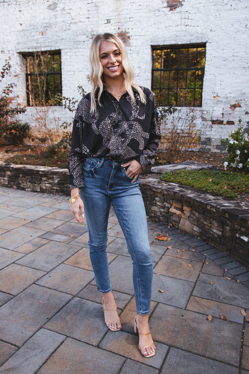 Printed Leopard Button Up Shirt, Black