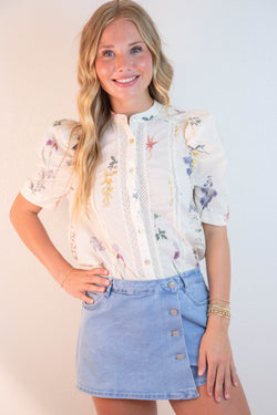 Daleyza Floral Lace Trim Blouse, Cream