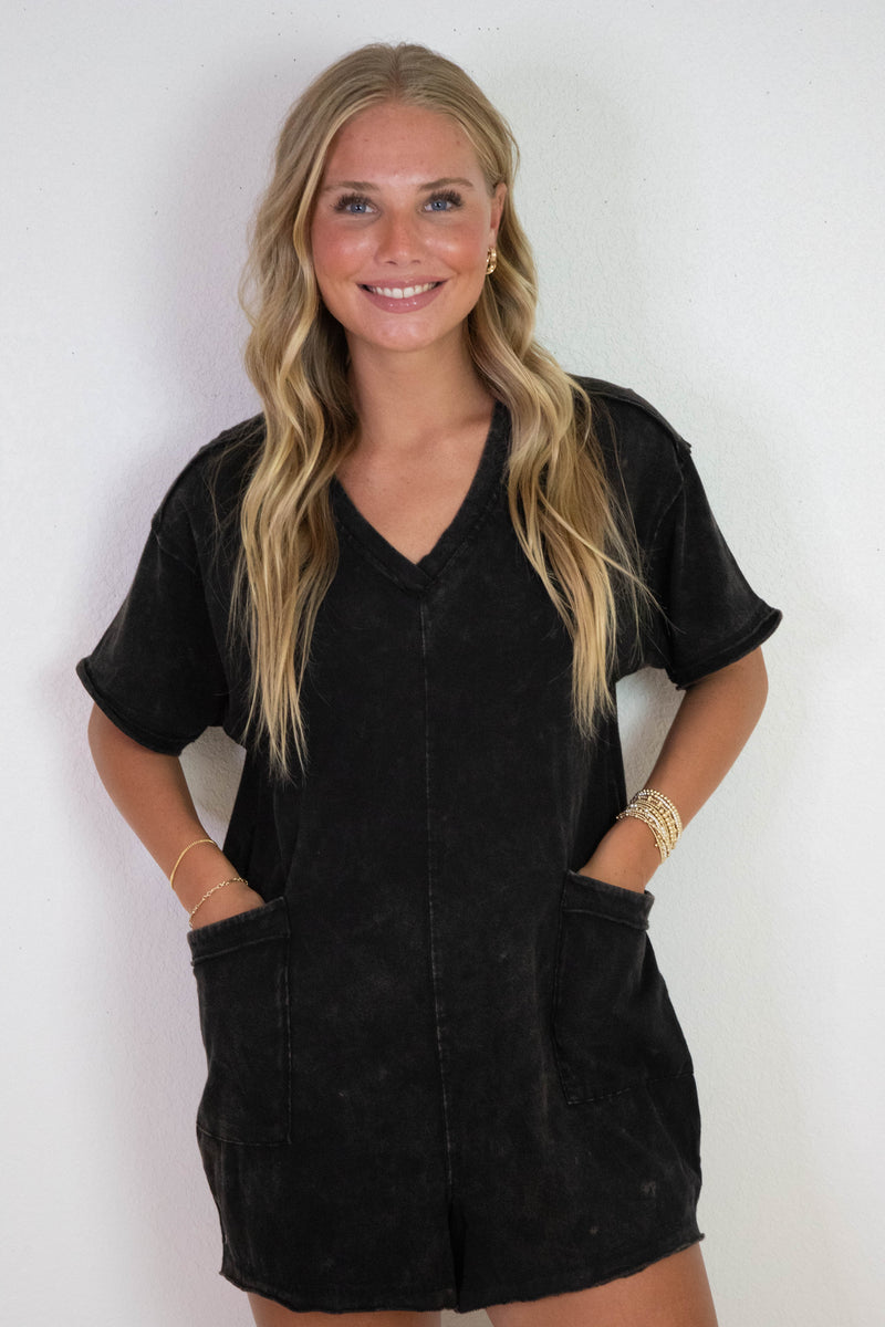 Kinsley Mineral Washed Oversized Romper, Black
