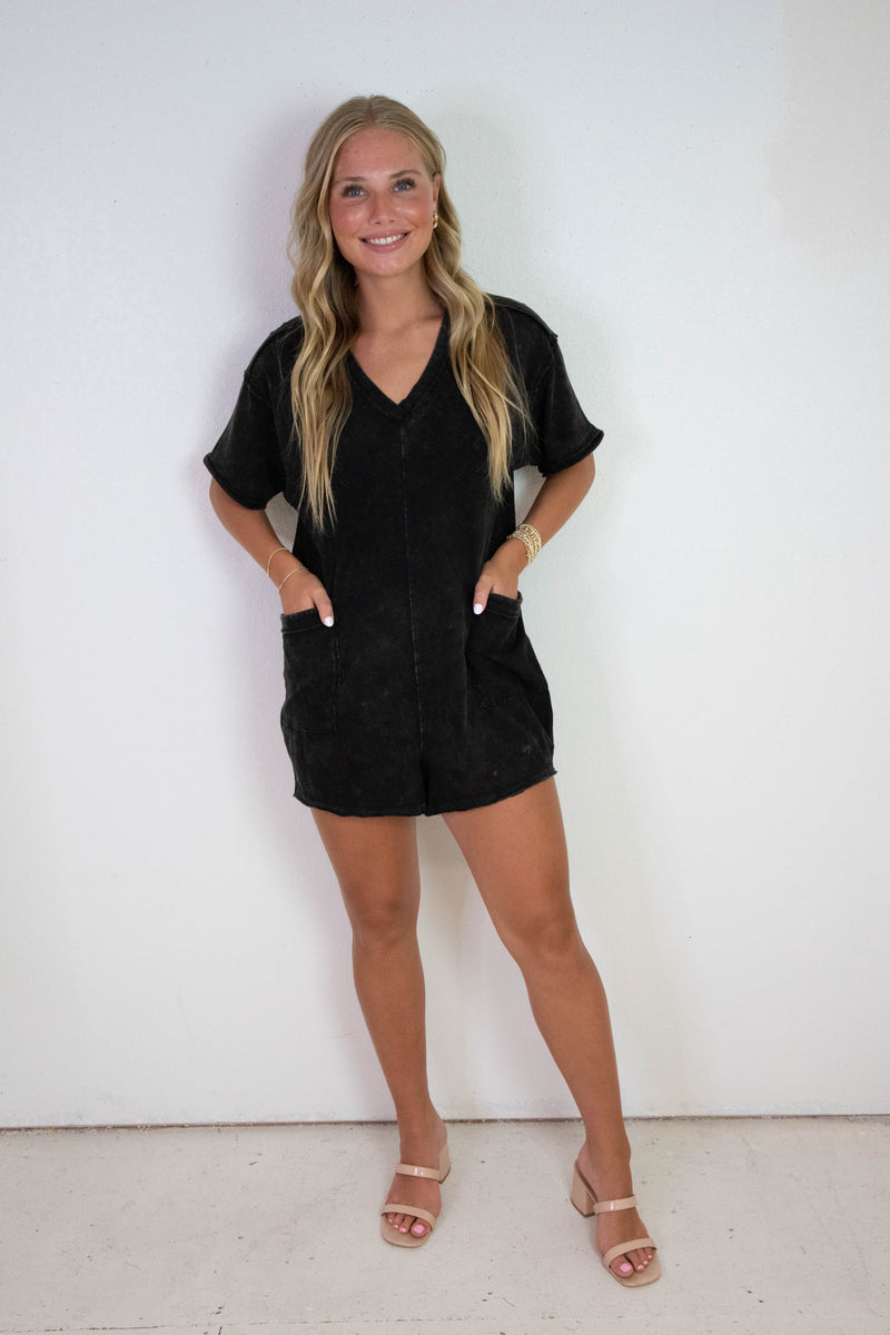 Kinsley Mineral Washed Oversized Romper, Black