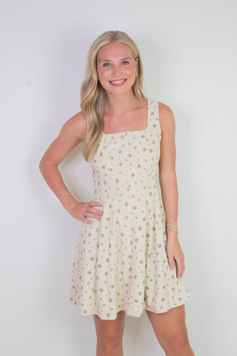 Lucia Square Neck Corduroy Dress, Cream-Taupe Floral