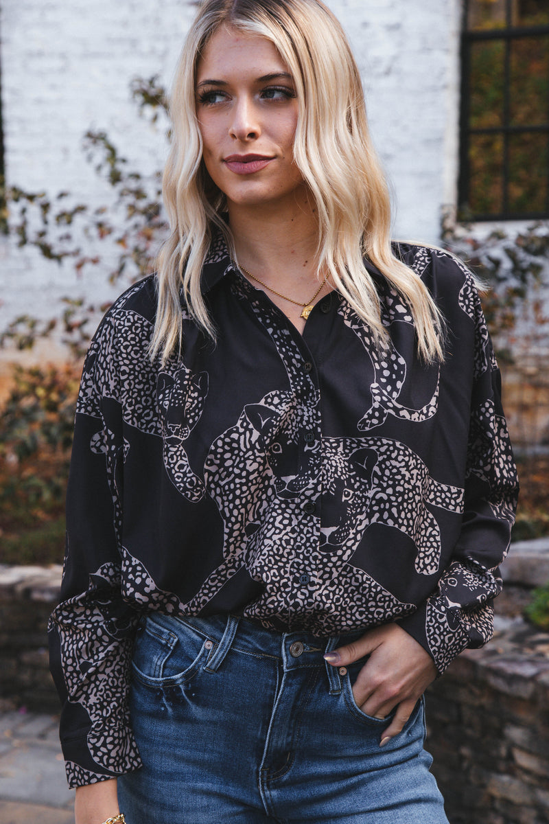 Printed Leopard Button Up Shirt, Black