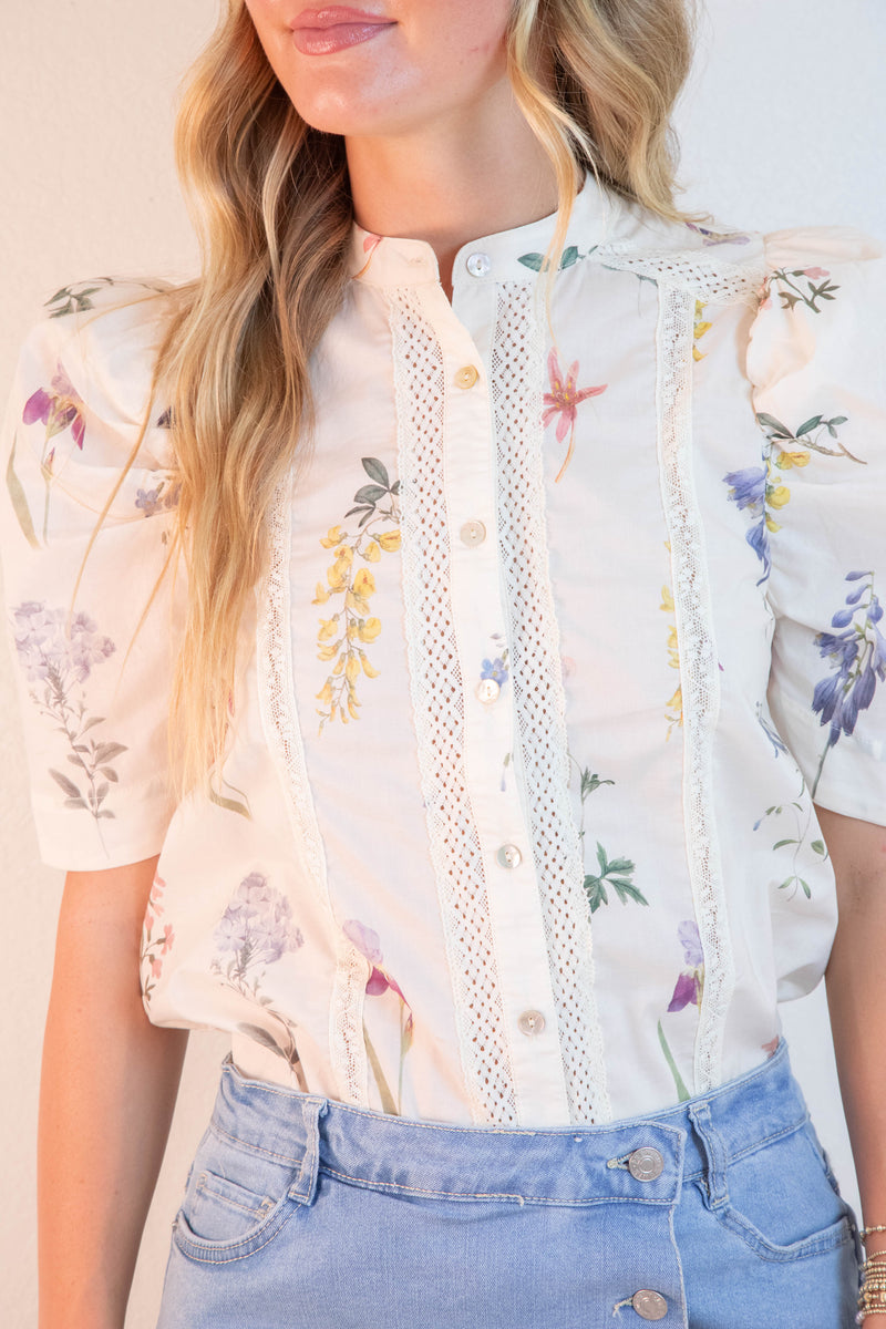 Daleyza Floral Lace Trim Blouse, Cream