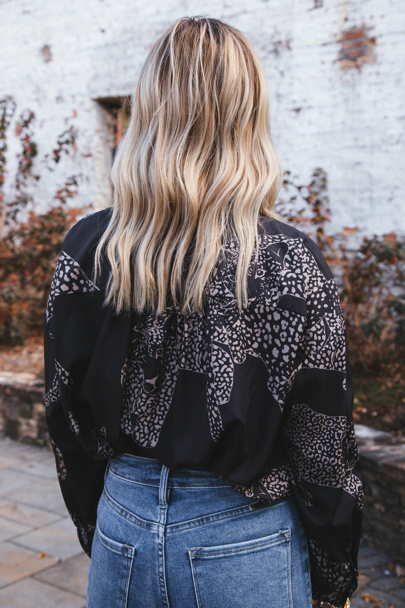 Printed Leopard Button Up Shirt, Black