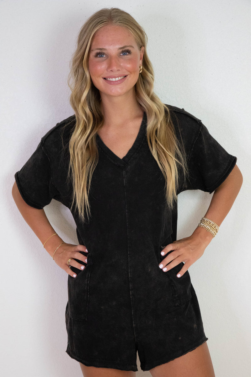 Kinsley Mineral Washed Oversized Romper, Black