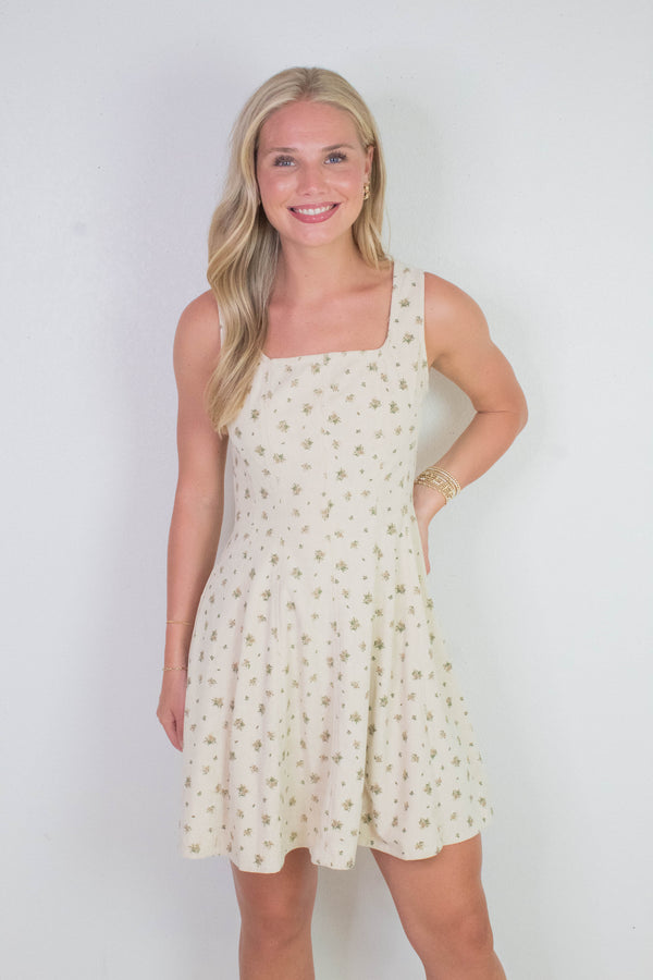 Lucia Square Neck Corduroy Dress, Cream-Taupe Floral