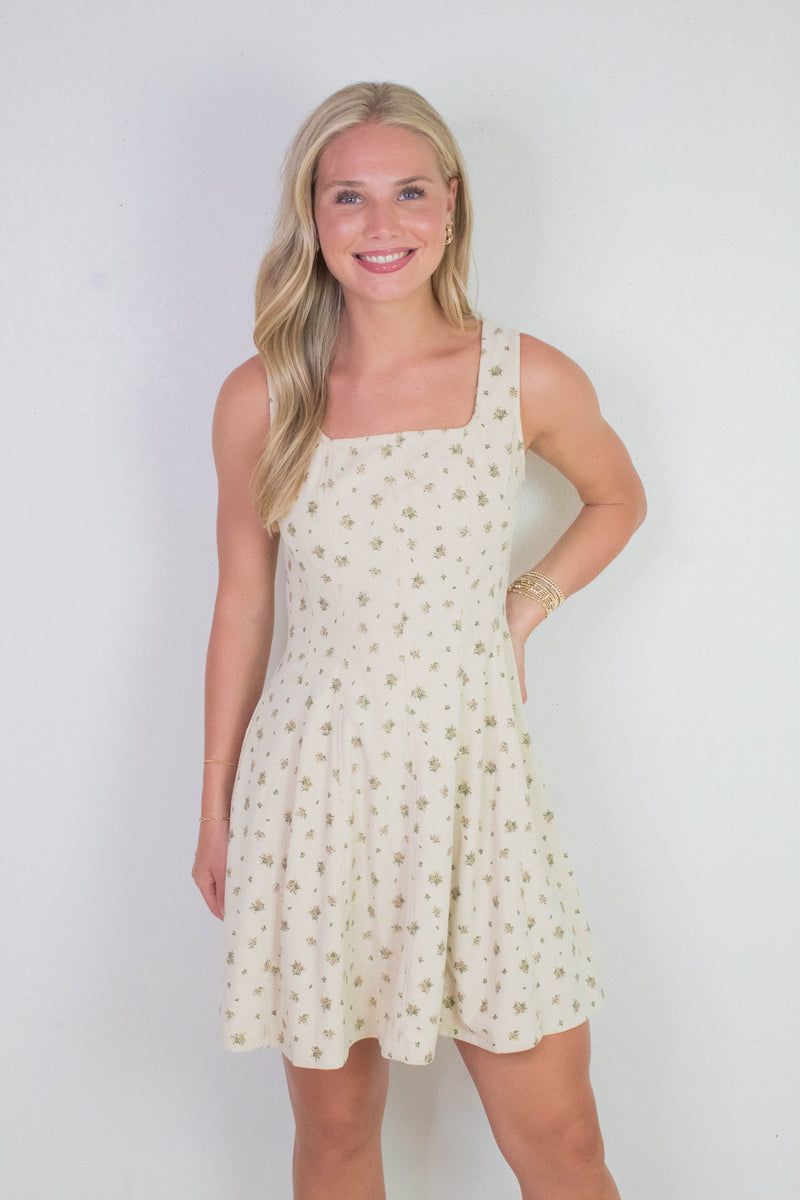 Lucia Square Neck Corduroy Dress, Cream-Taupe Floral