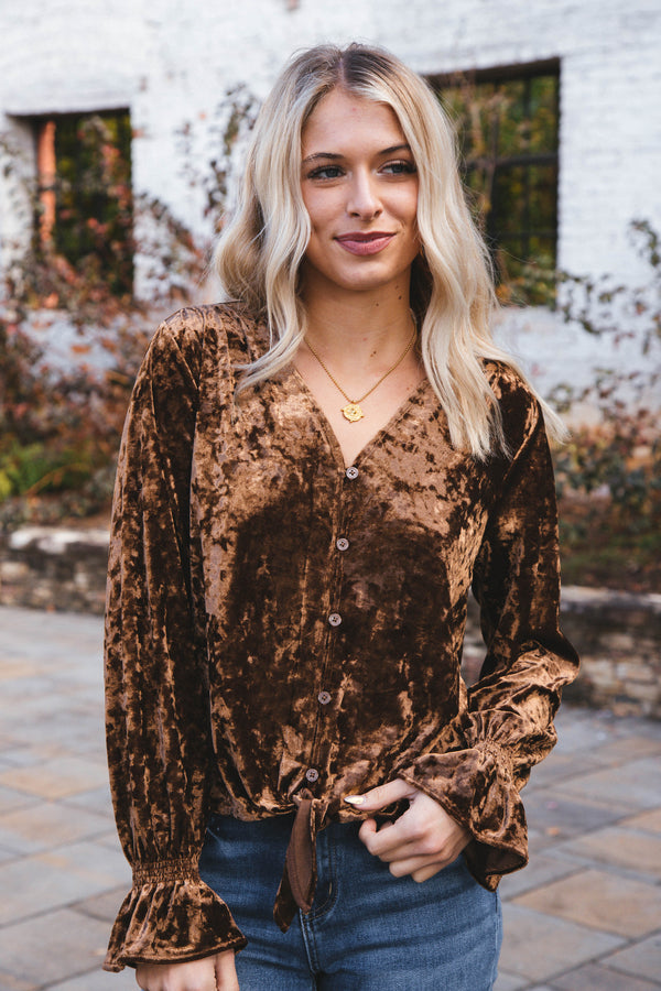 Hannah Crushed Velvet Long Sleeve Tie Top, Burnout | Velvet Heart