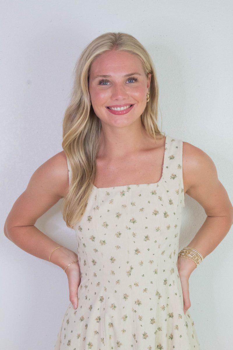 Lucia Square Neck Corduroy Dress, Cream-Taupe Floral