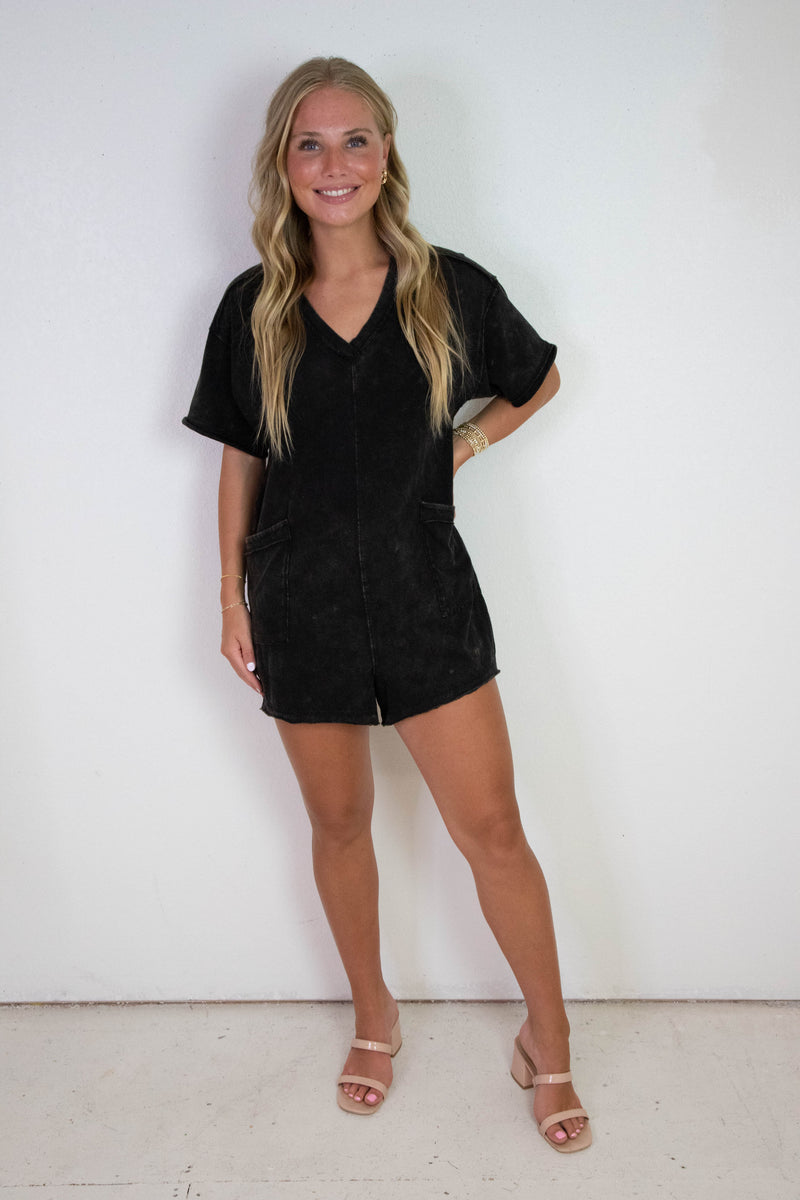 Kinsley Mineral Washed Oversized Romper, Black
