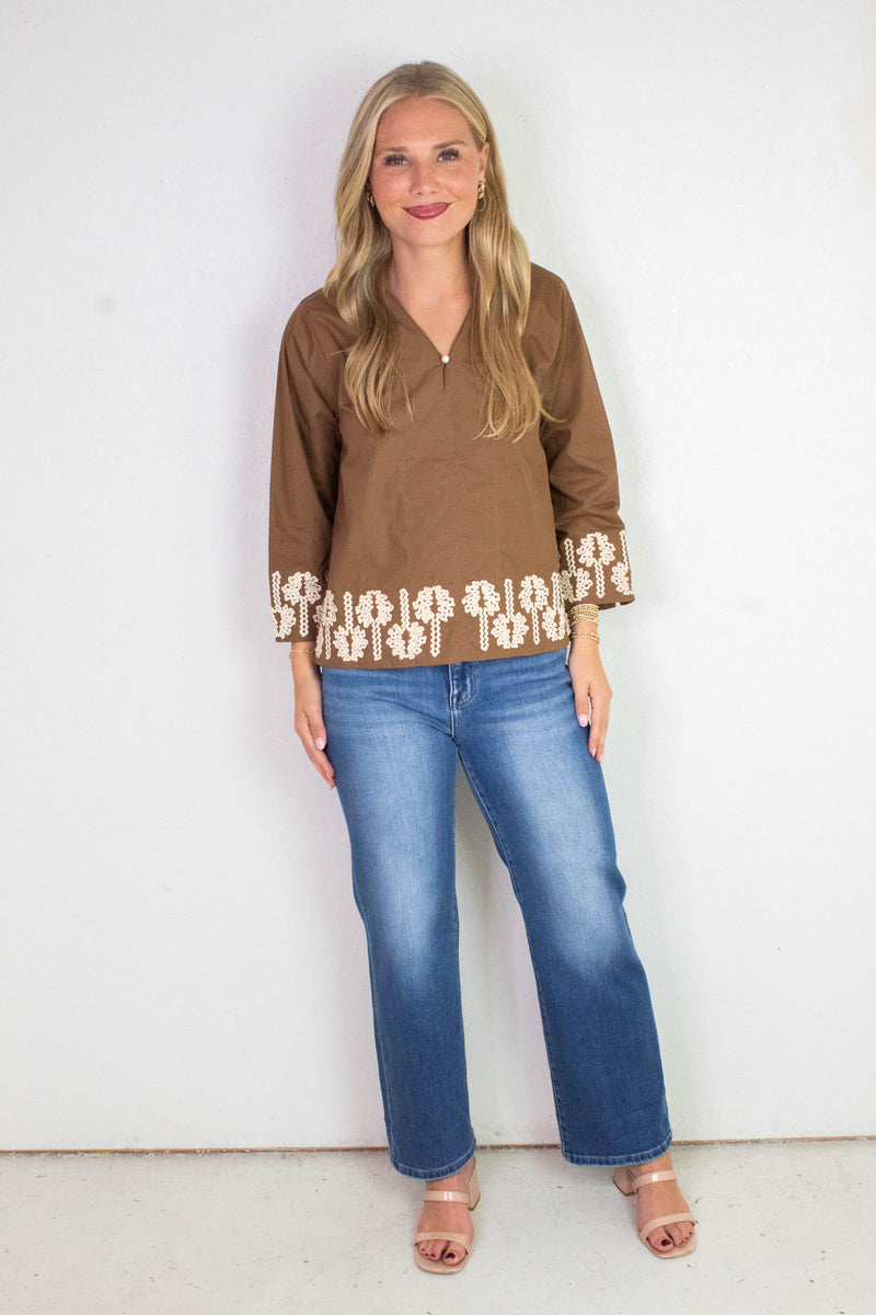 Katie 3D Floral Trim Accent Top, Mocha