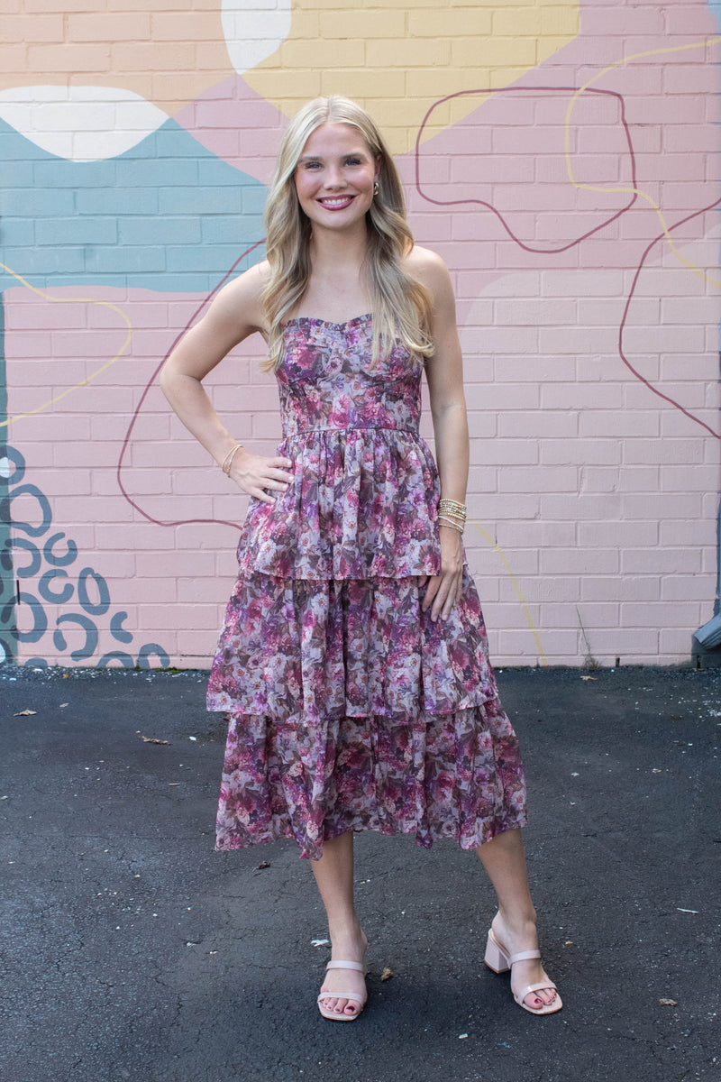 Scottie Tiered Ruffle Dress, Beige/Pink Floral