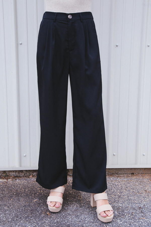 Florence Satin Pleated Wide Leg Trousers, Black