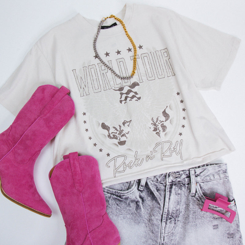 World Tour Cropped Graphic Tee, Antique White