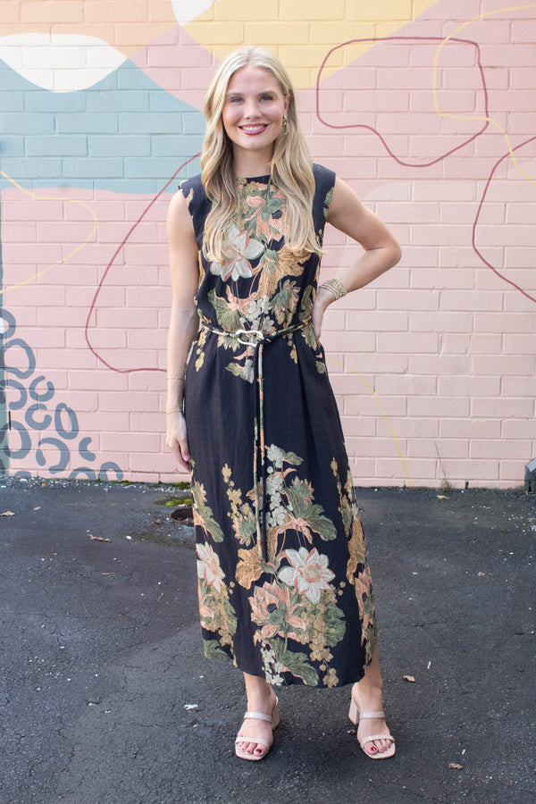 Alaina Floral Tie Waist Dress, Black