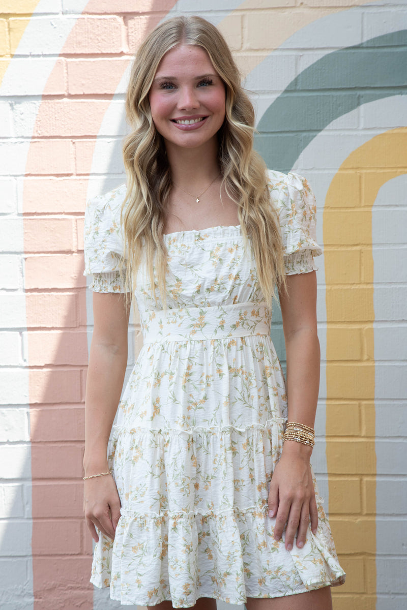 Delilah Floral Square Neck Dress, Ivory Multi