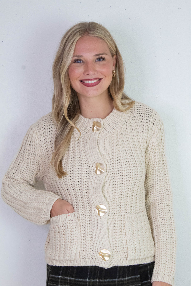 Clara Gold Button Cardigan, Cream