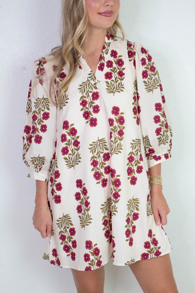 Esme Floral V-Neck Mini Dress, Red Ecru