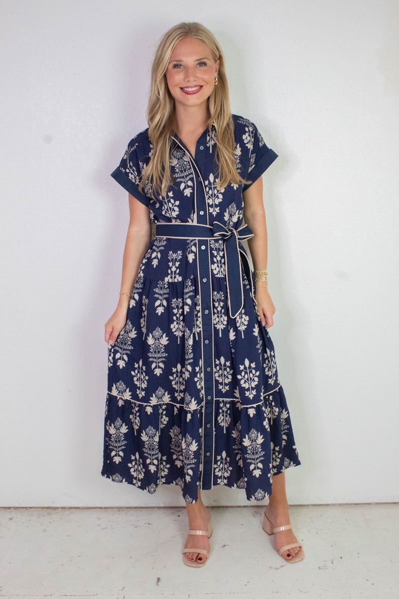 Margot Botanical Print Midi Dress, Navy