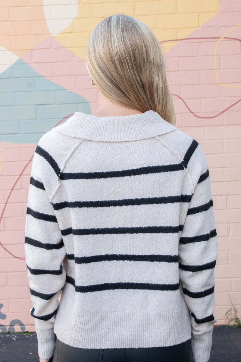 Maeve Collared V-Neck Striped Sweater, Beige