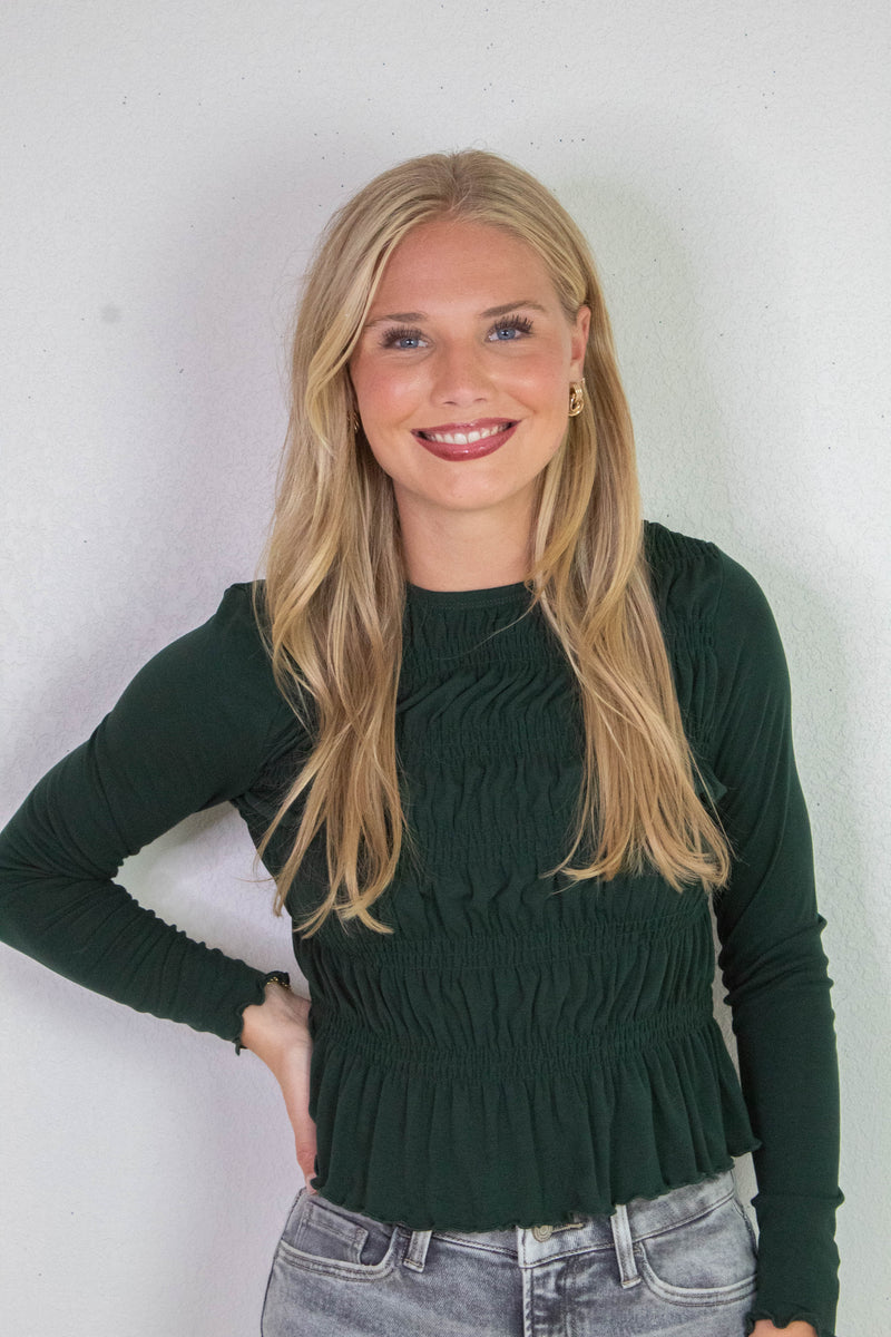 Elsie Round Neck Smocked Top, Dark Green