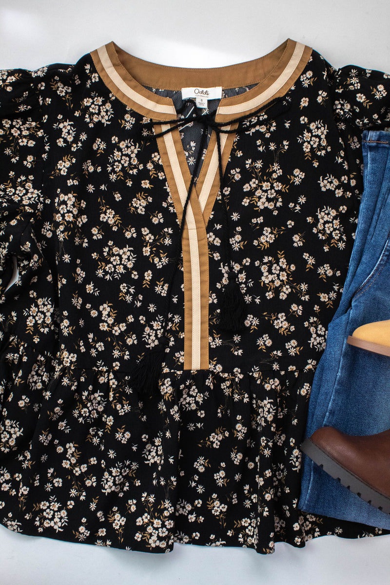 Wren Ditsy Floral Peplum Blouse, Black Multi