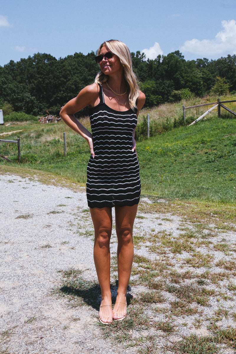 Inspiration Crochet Knit Dress, Black Stripe