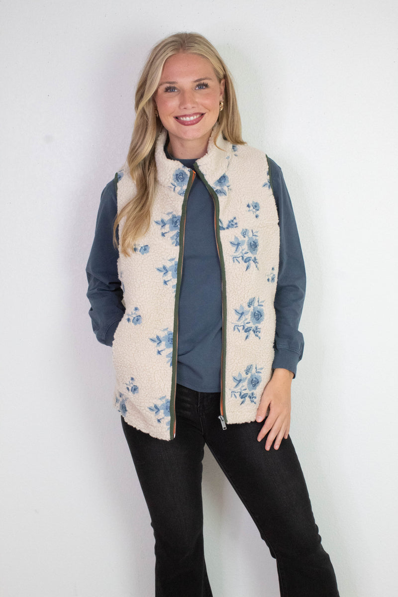 Viola Front Zip Vest, Cream Blue | RD Style