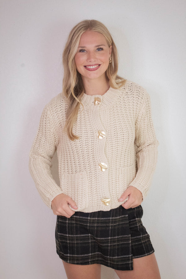 Clara Gold Button Cardigan, Cream