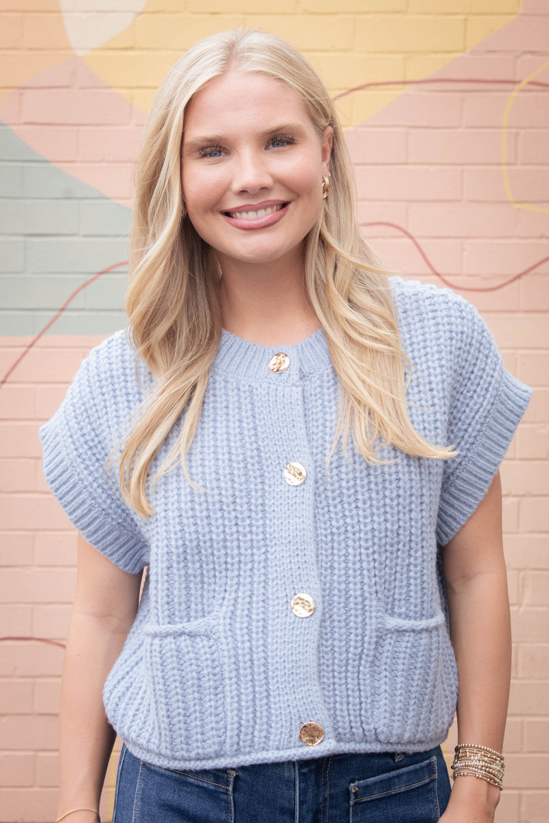Dorothea Chunky Button Down Sweater, Blue