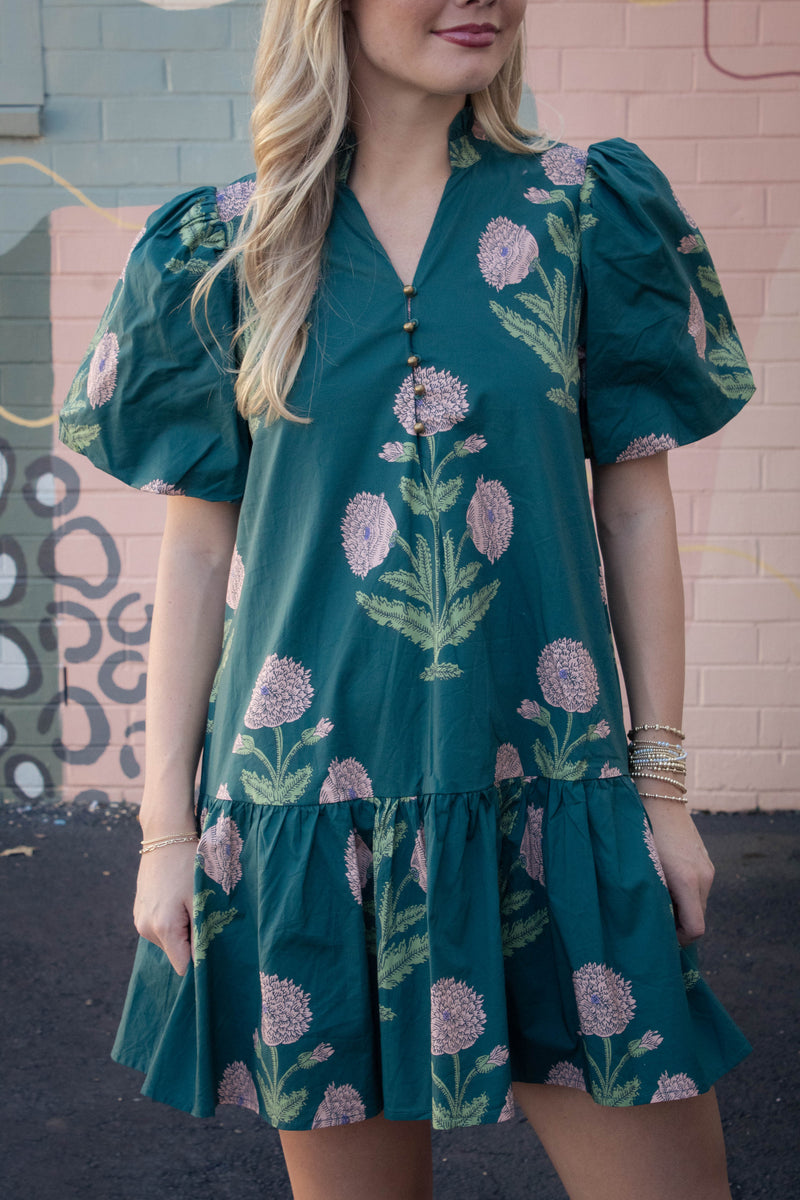 Avery Floral Bubble Sleeve Dress, Hunter Green
