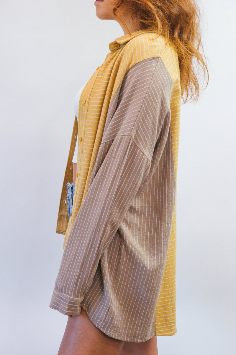 Talan Pin Stripe Button Down Top, Mustard/Brown
