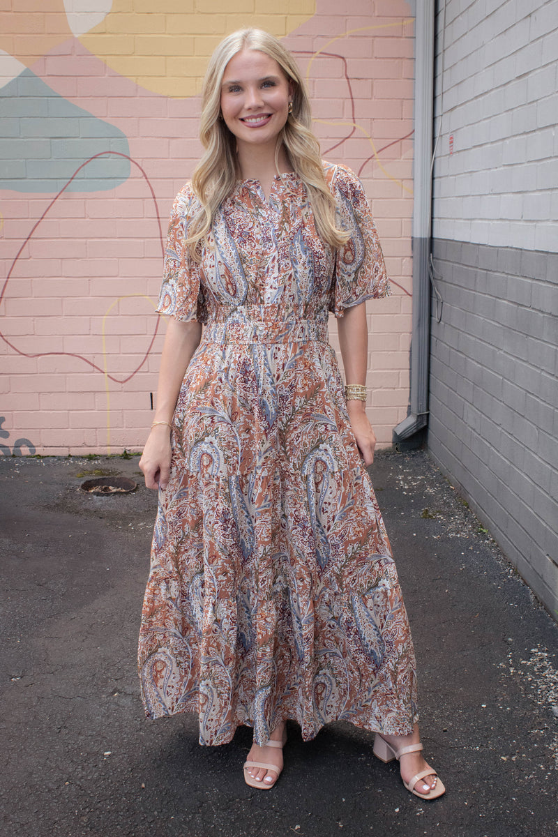 Valerie Half Flutter Sleeve Maxi Dress, Cinnamon