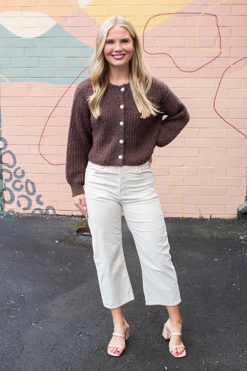 Emberly Fluffy Knit Cardigan, Chestnut