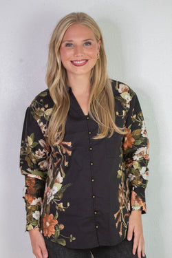 Ember Floral Sleeve Buttoned Blouse, Black