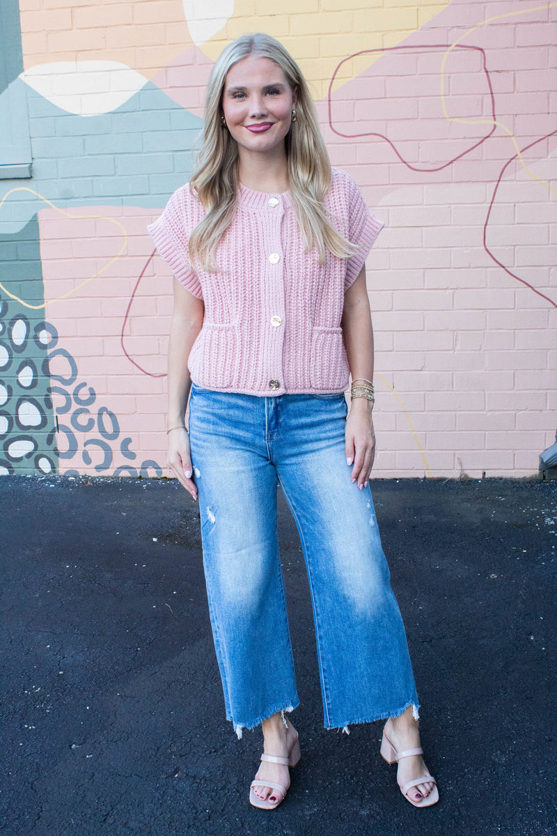 Dorothea Chunky Button Down Sweater, Blush
