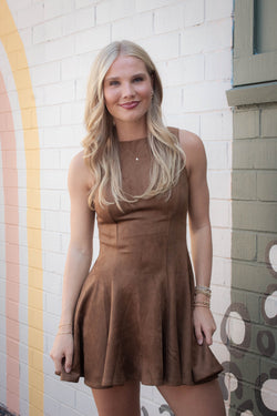 Indi Faux Suede Flare Dress, Camel Brown